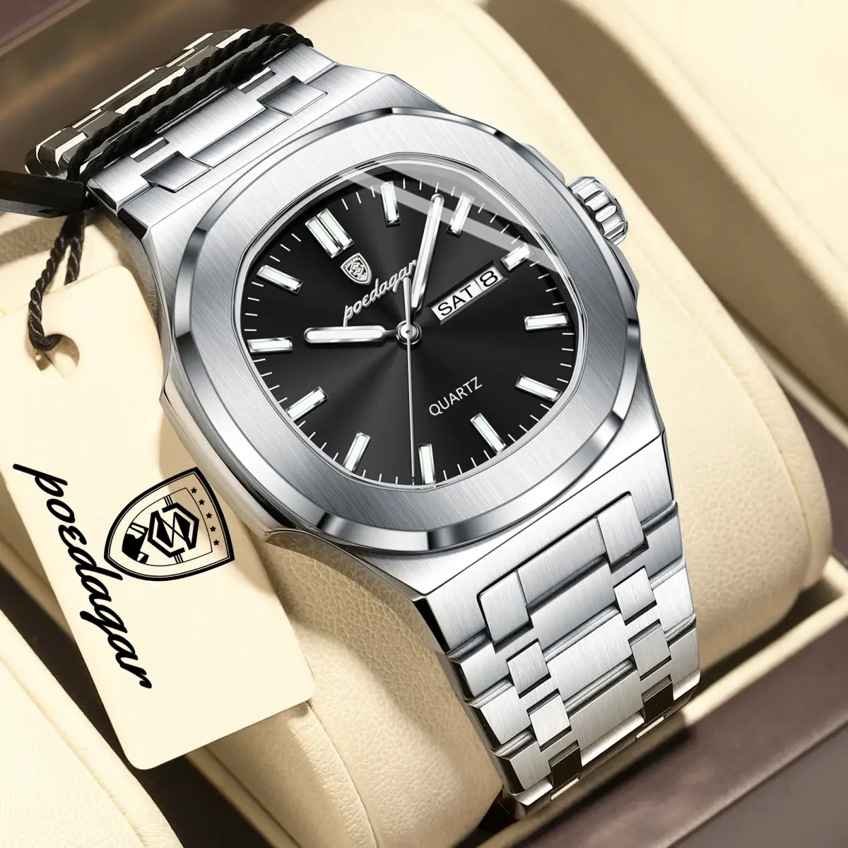 Relógio Masculino POEDAGAR Top Business à Prova D'água com Data, Dia da Semana, Luminoso, Pulseira de Aço Inoxidável, Quartzo, Moda Masculina.
