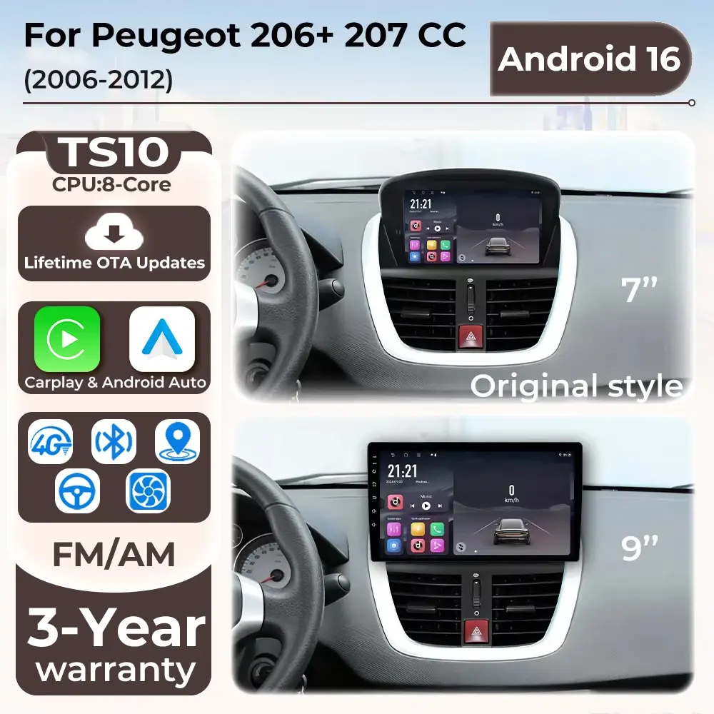 Rádio Automotivo Android 16 para Peugeot 206+ 207 207CC 2006 - 2015 com Carplay, Reprodutor Multimídia, GPS, Navegação, DSP e Tela. - 1