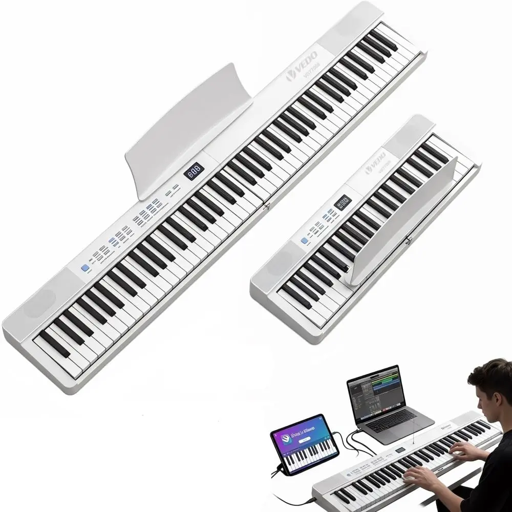 VEDO Piano Elétrico DobráVel Kit, 88 Teclas Semipesadas, Recarregável, 128 Tons, 128 Ritmos, 80 Músicas, 64 Vozes Polifonia, Tela LED, USB-MIDI, Com Pedal SustentaçãO, Suporte MúSica, Bolsas, Branco