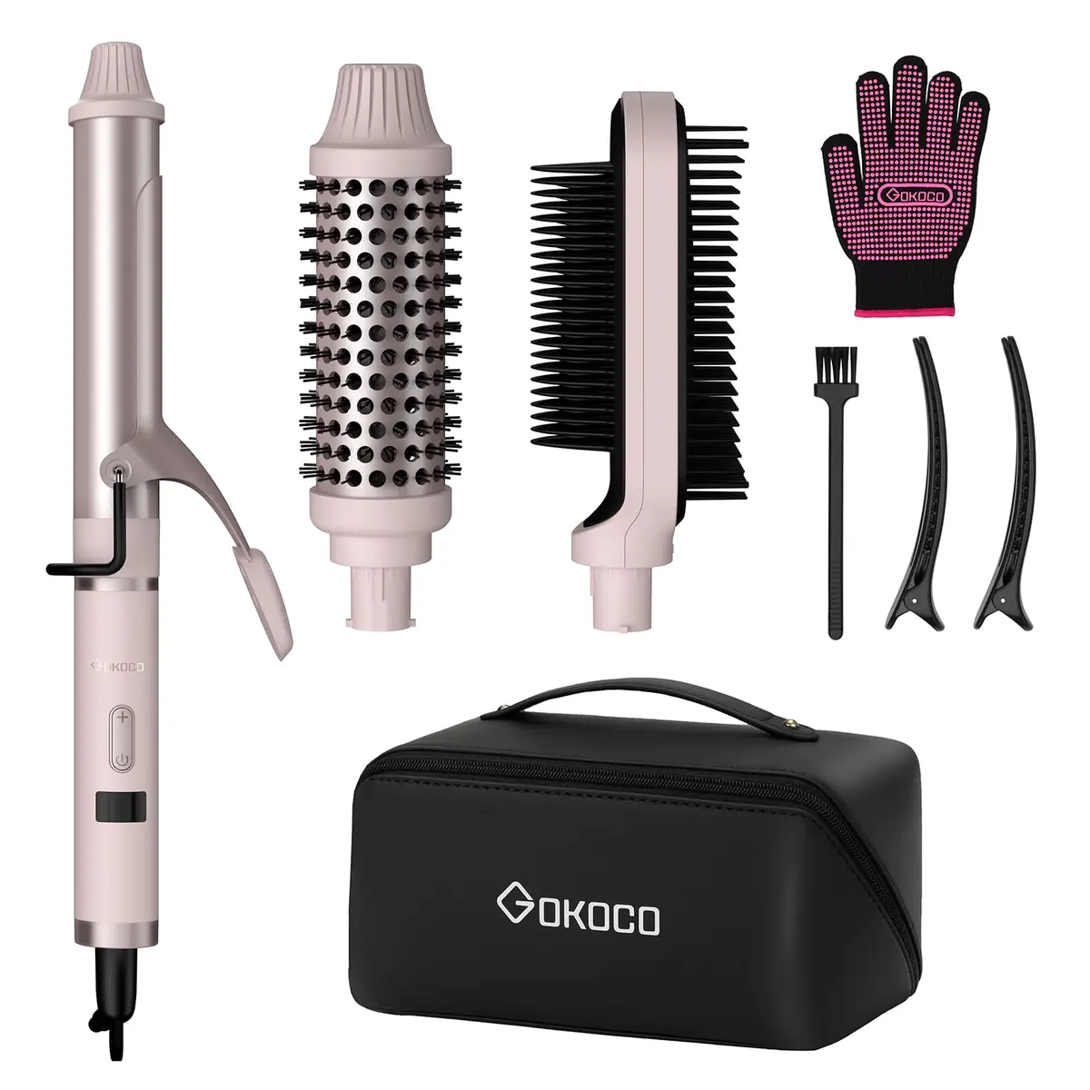 Kit Cachos e Alisamento Bivolt GOKOCO GD034 Rosa 127V-220V – Ferramenta Multifuncional com 3 Anexos, Controle de Calor NTC, 120-200°C, Desligamento Automático 30min, para Cabelos Finos a Grossos