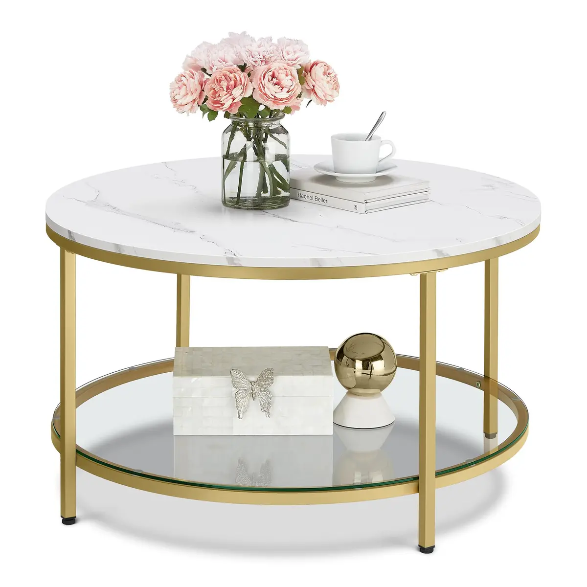 VASAGLE Mesa de Centro, Tampo de Mármore Sintético, 80 x 80 x 45 cm | Centro de Sala com Prateleira de Vidro, Estrutura de Aço, Branco Mármore e Dourado, Coleção Baris, BRLCT071W59 - 1