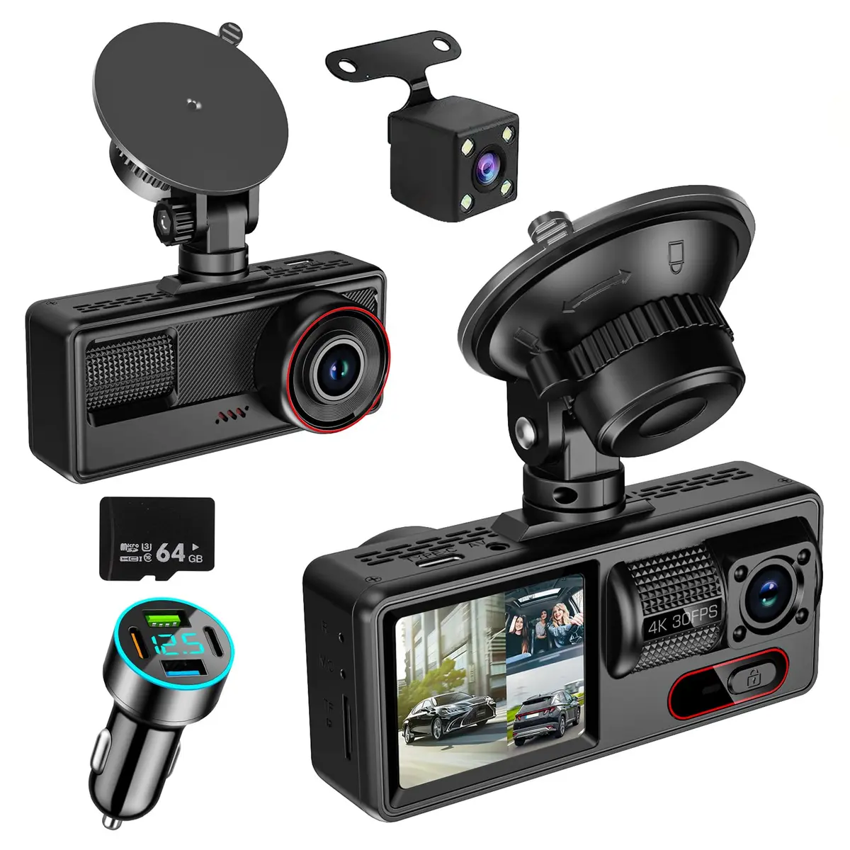 Câmera de Carro 1080P FHD com Dupla Câmera (Frontal e Traseira), Visão Noturna, Tela IPS 2.0'' Dashcam, Ângulo de 170°, WDR, Cartão de 64GB Incluso - 1