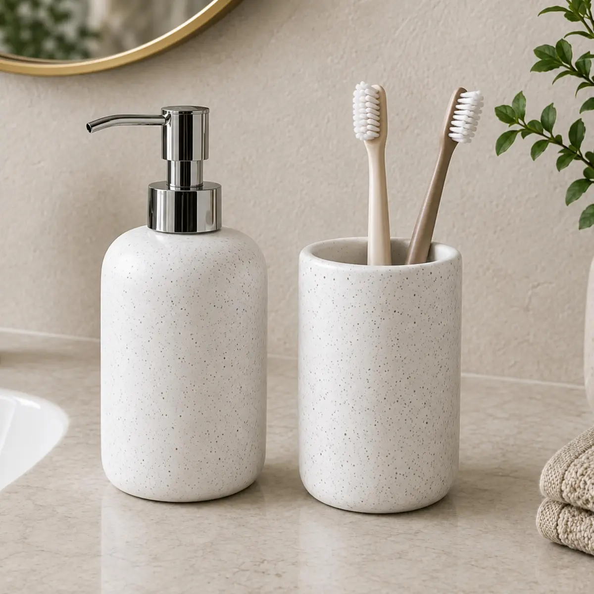 Kit Lavabo Ceramica Porta Sabonete 300ml + Porta Escova | 2 Peças, Ceramica Durável, Elegante