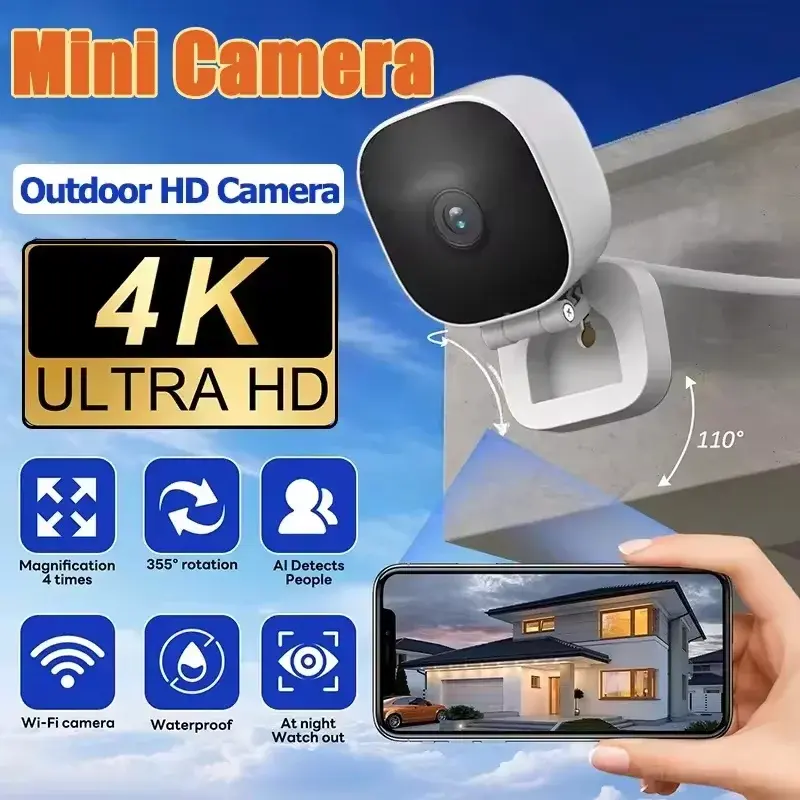 Câmera de Segurança Mini 4K Inteligente com Visão Noturna em Cores, Wifi, IP65 à Prova d'Água, Detecção de Movimento, Áudio Bidirecional para Uso Interno e Externo