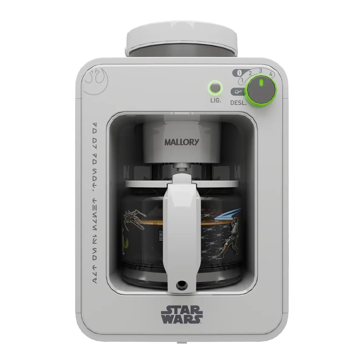 Cafeteira Elétrica com Moedor de Grãos Mallory Star Wars Jedi Brew - 600W, 4 Xícaras 600mL, Moedor Integrado, Seletor de 1 a 4 Xícaras, Jarra de Vidro Termossensível - 127V (Edição Limitada Numerada)