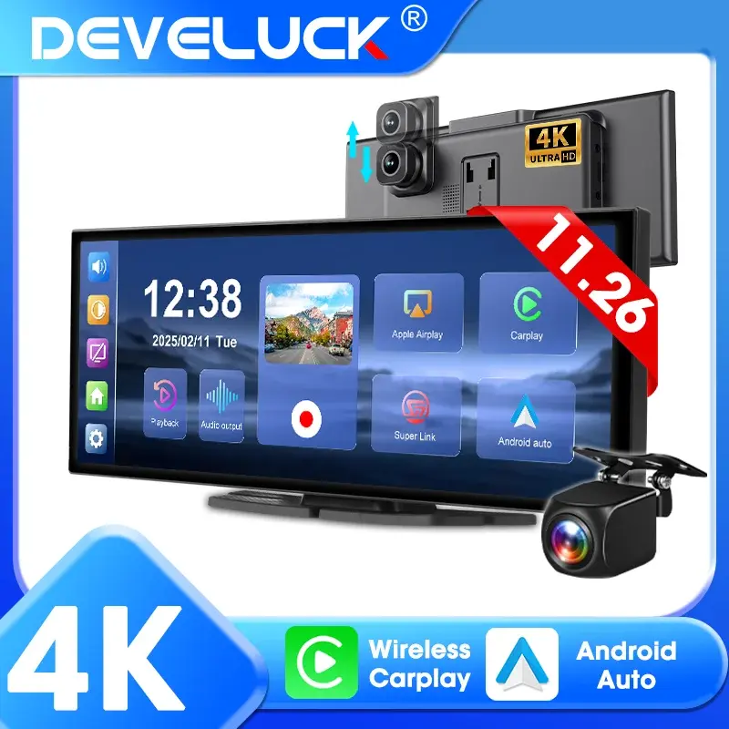 Develuck novo 11.26 polegada 4k dvr sem fio carplay e android auto portátil traço cam tela do carro gravador de vídeo 5g wifi navegação - 1