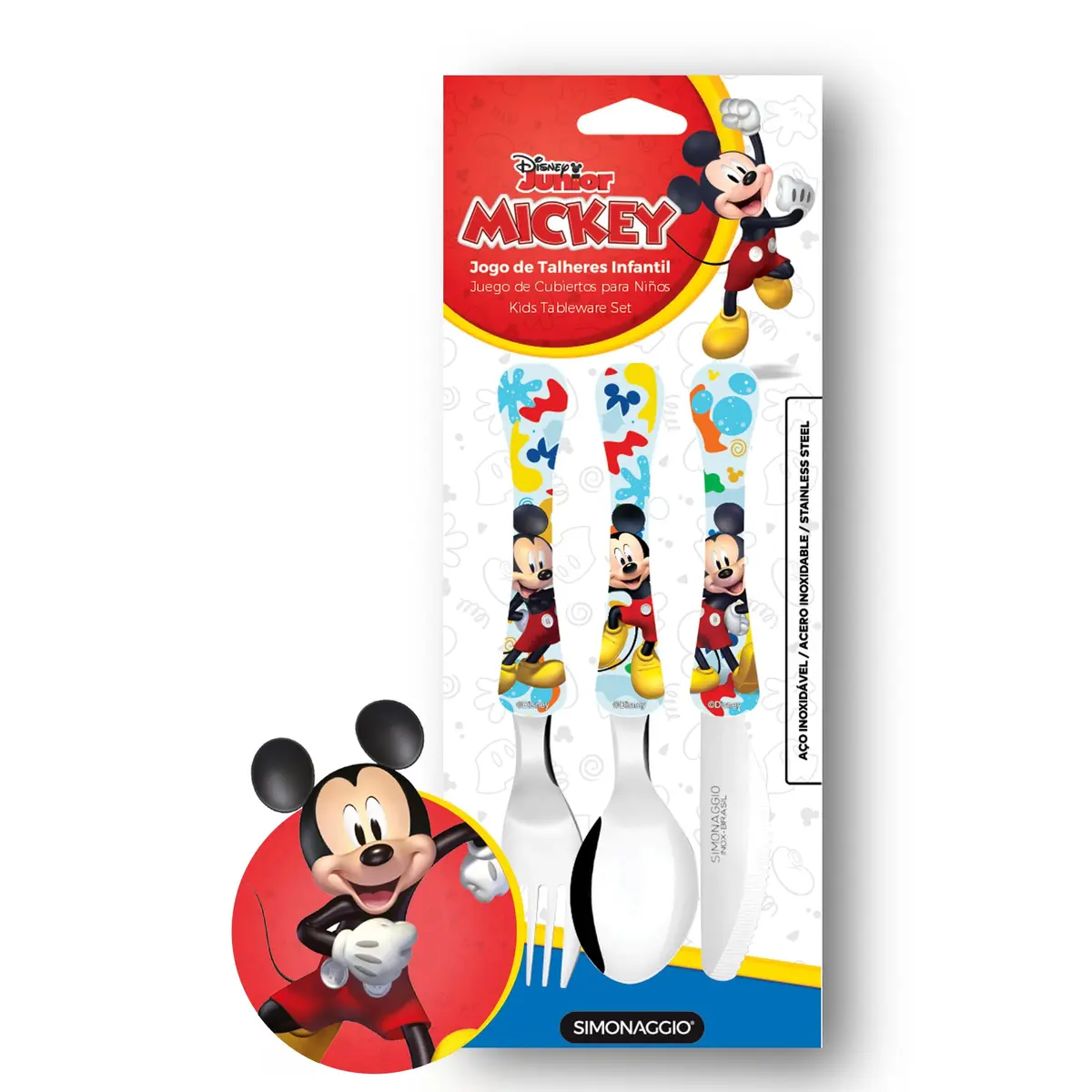 SIMONAGGIO Jogo de Talheres Infantil Disney Kids Mickey - Kit de Talheres de Aço Inox Com Cabo Plástico Para Bebês - Multicor - 3 Peças