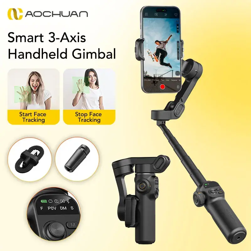 Aochuan smart x2 preto estabilizador gimbal portátil de 3 eixos com haste de extensão para iphone e smartphone android estabilizador gimbal
