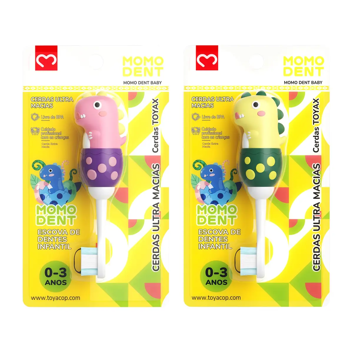 MOMODENT Escova de Dentes Infantil para 0-3 Anos Bebe, Dinossauro, Cabo de Silicone Macio, Cabeça Macia, Limpeza Suave (Amarelo+Rosa(2 unidades))