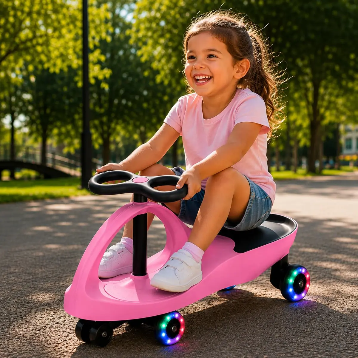Carrinho Rolimã Gira Car Infantil Rosa Volante 360° Rodas LED 80kg (Rosa, Carrinho Rolimã Gira Gira)