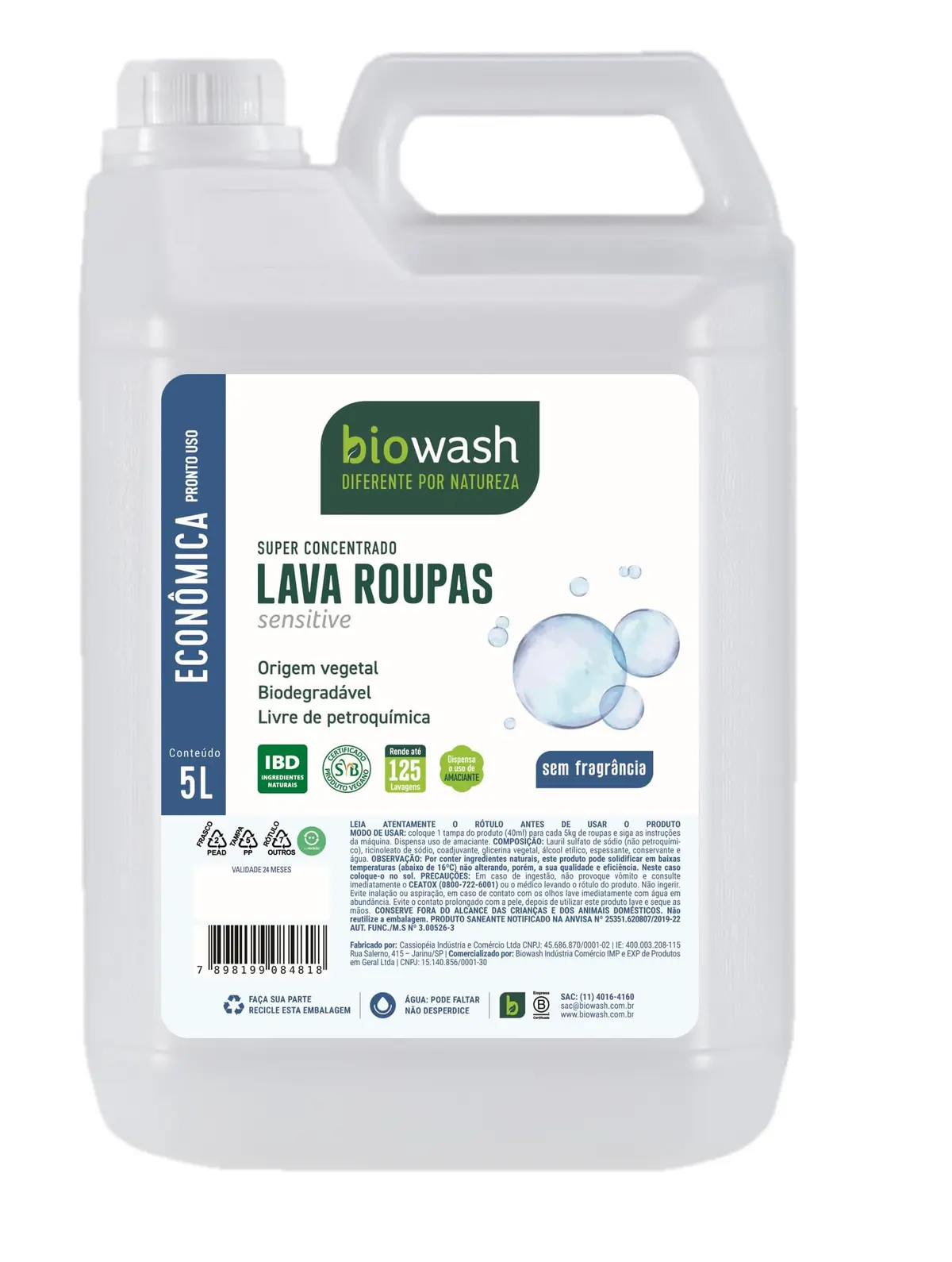 Biowash Lava Roupas Líquido Sensitive 5L - Dispensa o uso de amaciante