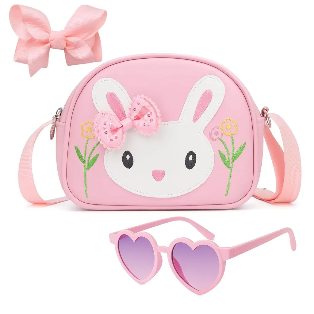 Kit Bolsa Infantil Coelhinho com Óculos e Presilha de Laço – Crossbody Rosa Ajustável, Presente Encantador para Meninas 2 a 8 Anos