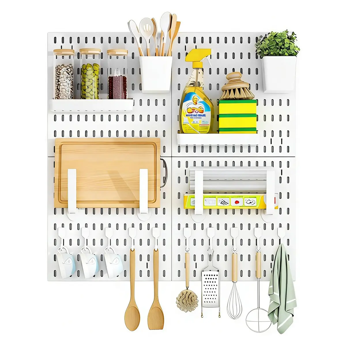Pegboard Branco Conjunto 4 Armazenamento Montado Parede Painel Organizador Parede Combinado Kit Organizador Parede Plástico para Parede Garagem Sala Artesanato Bancada Trabalho Escritório, 30×30