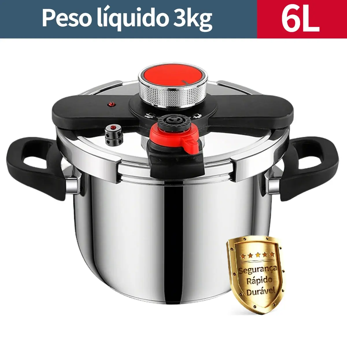 Panela de Pressão para Cozinha 6L em Aço Inoxidável, à Prova de Explosão, Cozimento Rápido, Compatível com Fogão a Gás e Indução, Base de Distribuição de Calor Uniforme