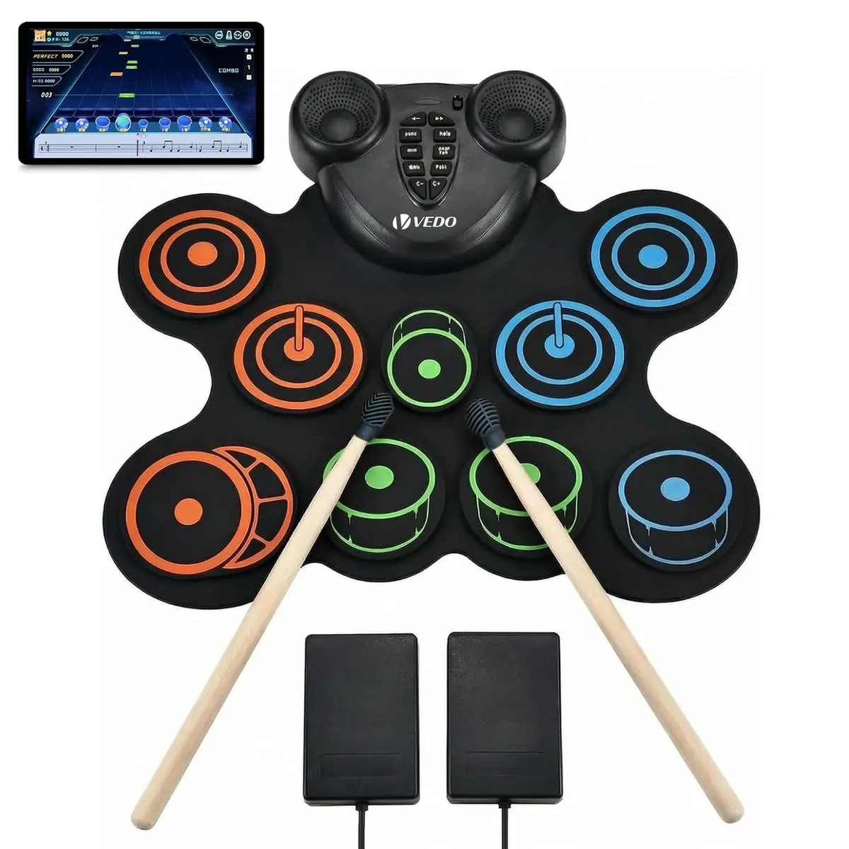 VEDO Bateria Eletrônica Infantil 10 Pads com Saída para Fone de Ouvido, Alto-Falantes Duplos, Pedais e Baquetas Inclusos, Suporte a MIDI– Preto
