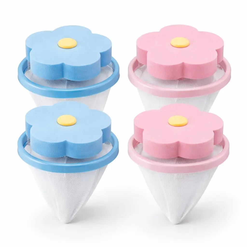 Kit com 4 Unidades Filtro Coletor Pega Pelos e Fiapos para maquina de lavar Azul e Rosa