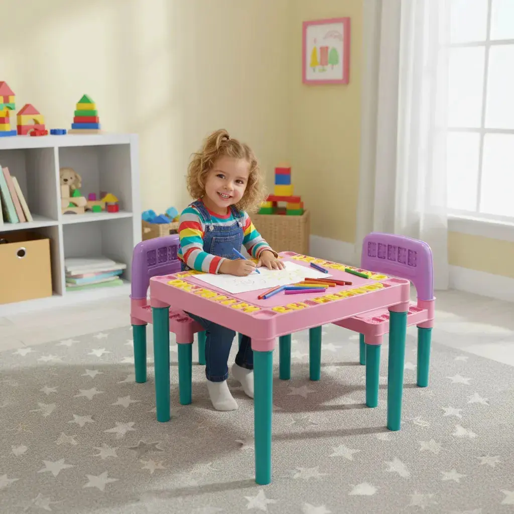 Mesa Mesinha Infantil 2 Cadeiras Educativa Tritec Rosa - 1