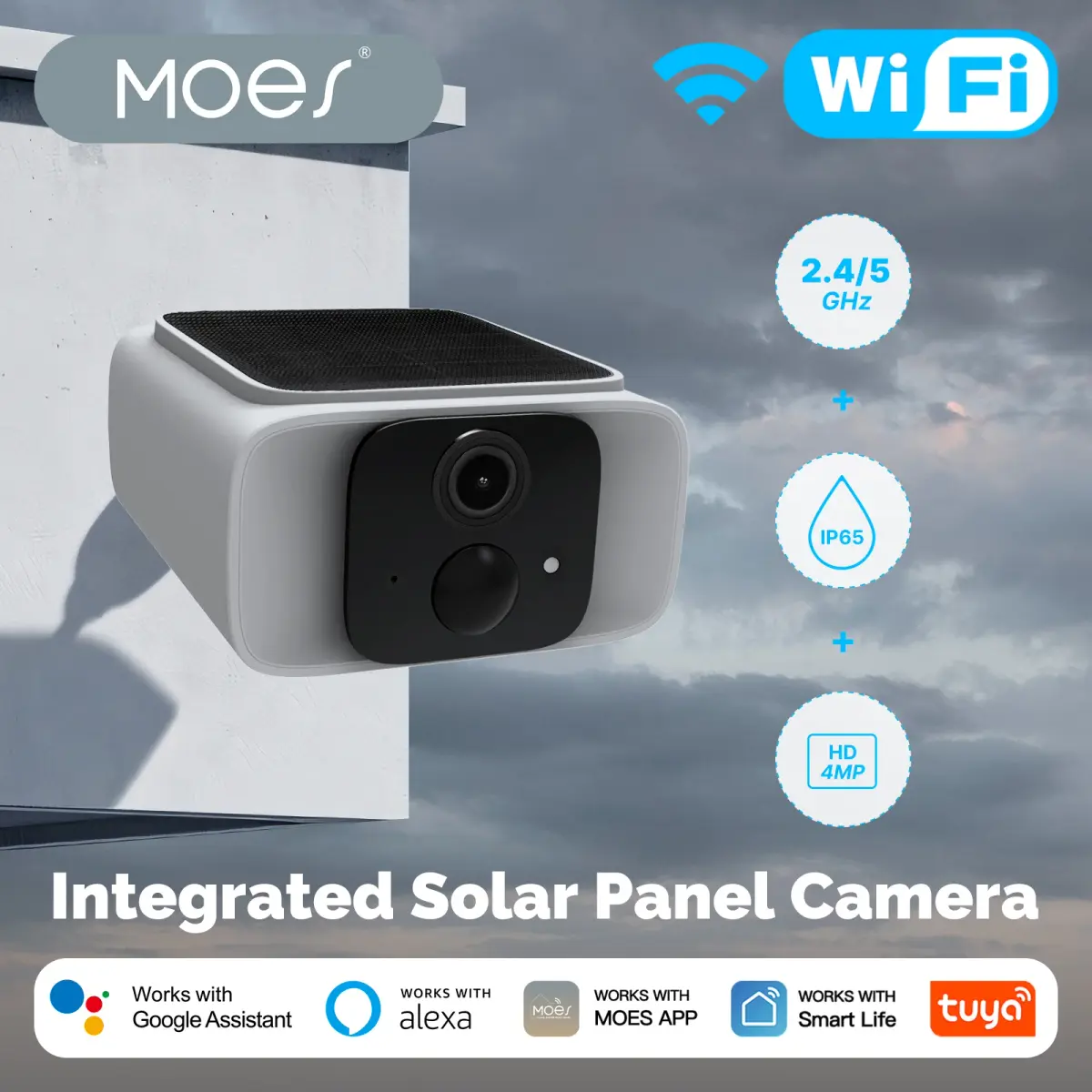 ​ ​ Câmera de segurança solar inteligente MOES, banda dupla WiFi 2,4/5 GHz, IP65 à prova d'água, monitoramento APP/Alexa/Google Home, Tuya - 1
