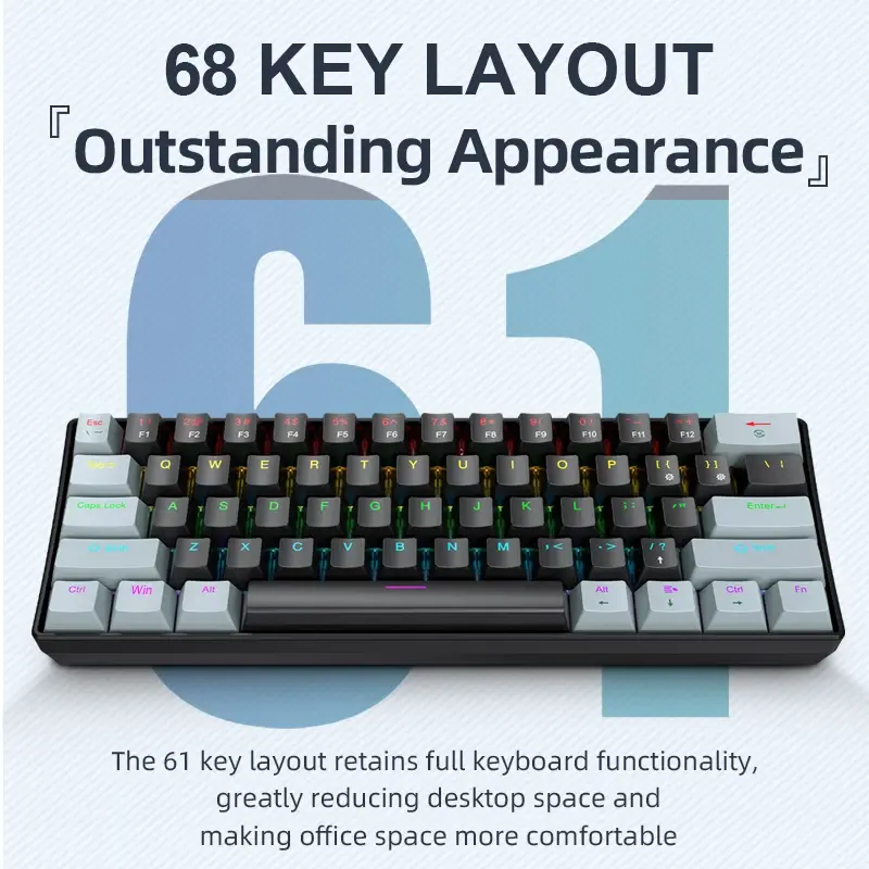 APAYADO K61 Mini teclado mecânico, com fio, 61 teclas, Phantom RGB, interruptor mecânico preto/branco vermelho/azul para jogos, 60% portátil