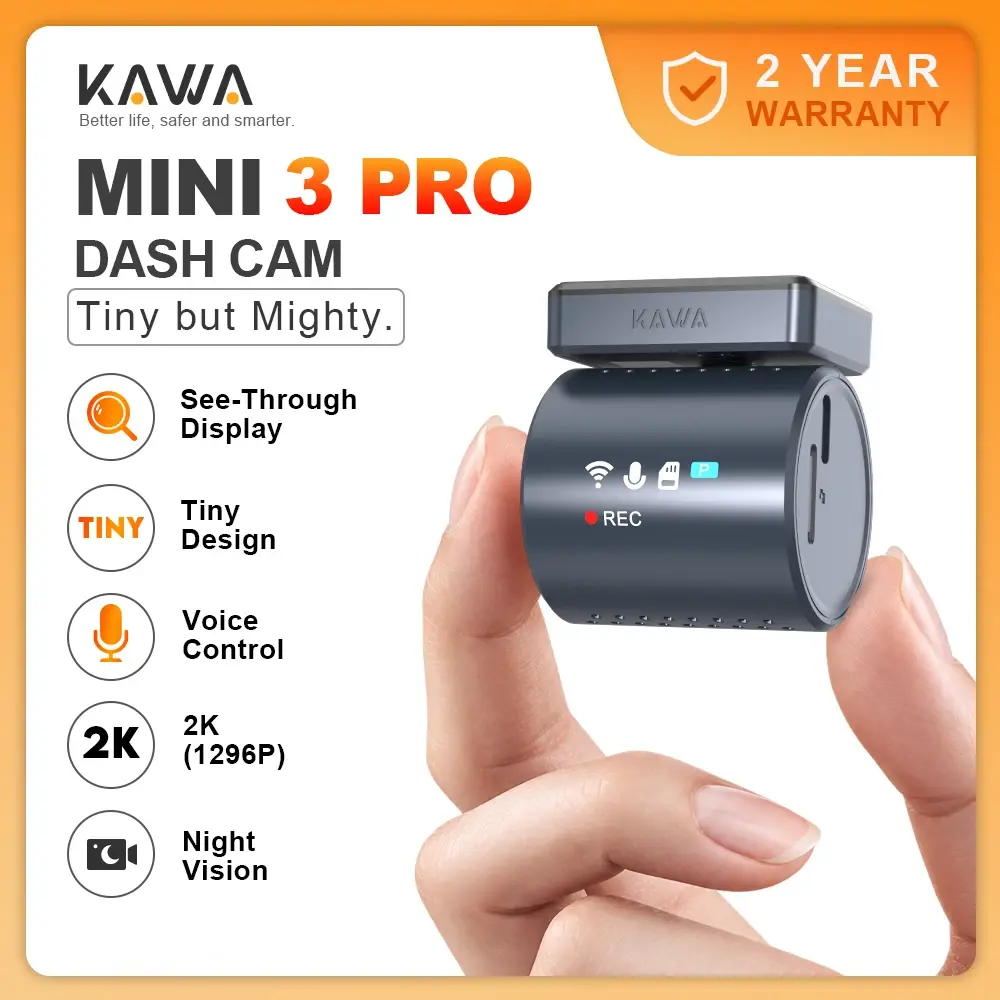 Câmera de painel KAWA MINI 3 Pro, compacta, com tela transparente, controle por voz, monitoramento de estacionamento 24/7, visão noturna e supercapacitor, DVR para carro