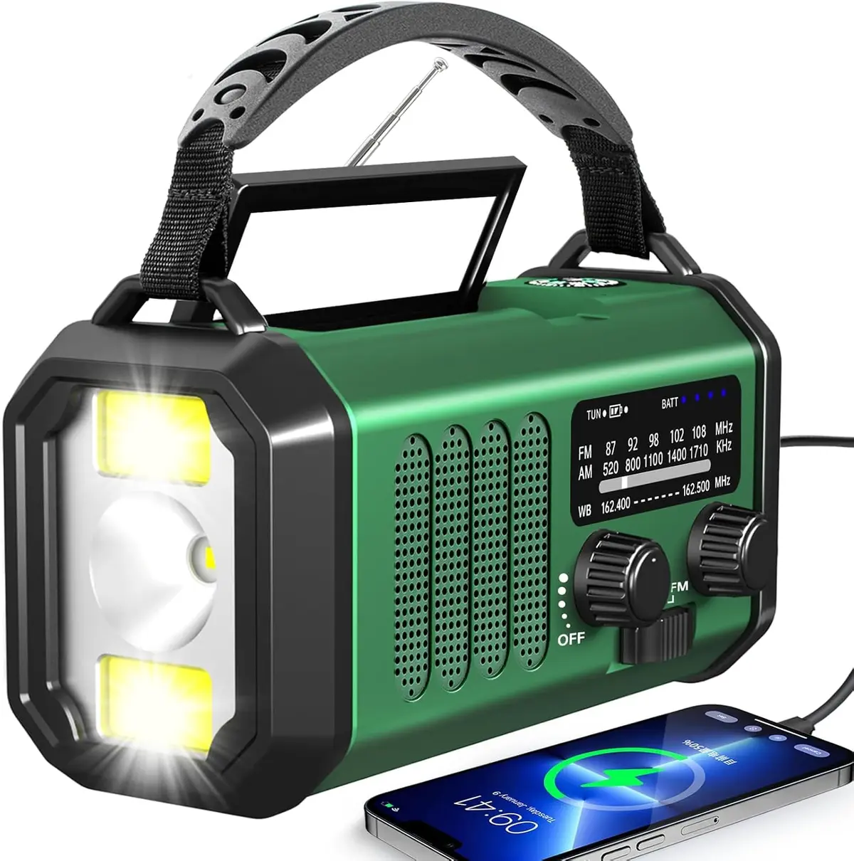 Rádio de emergência com manivela, rádio AM/FM com energia solar de 10000mAh e função meteorológica，bateria externa recarregável via USB-C para situações de sobrevivência em acampamentos e emergências