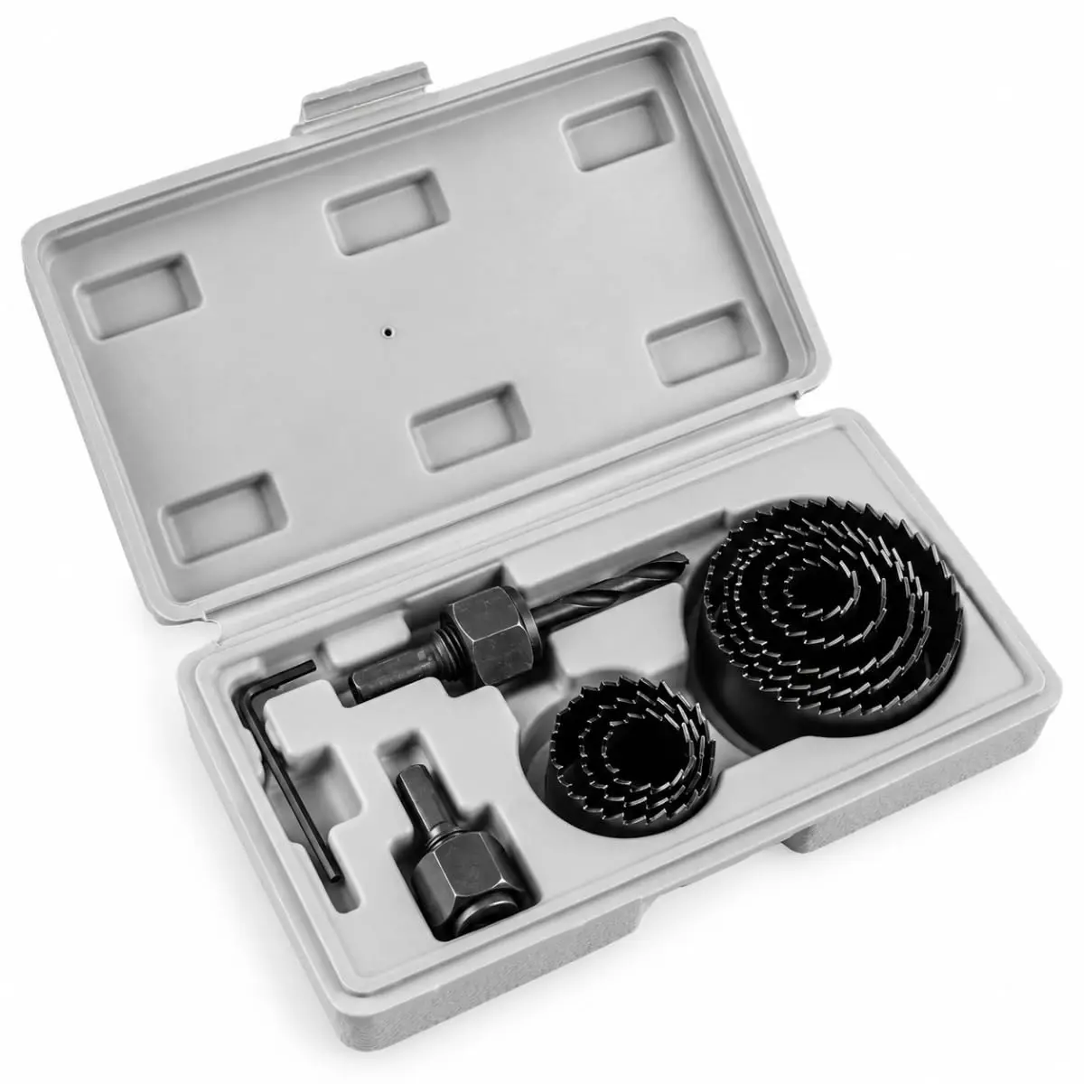 Kit Jogo de Serra Copo 11 Peças 19-64mm Aço Carbono com Mandril | Kit versátil para madeira, PVC, gesso, drywall, borracha e isopor, com 8 serras-copo, mandril e chave Allen. - 1