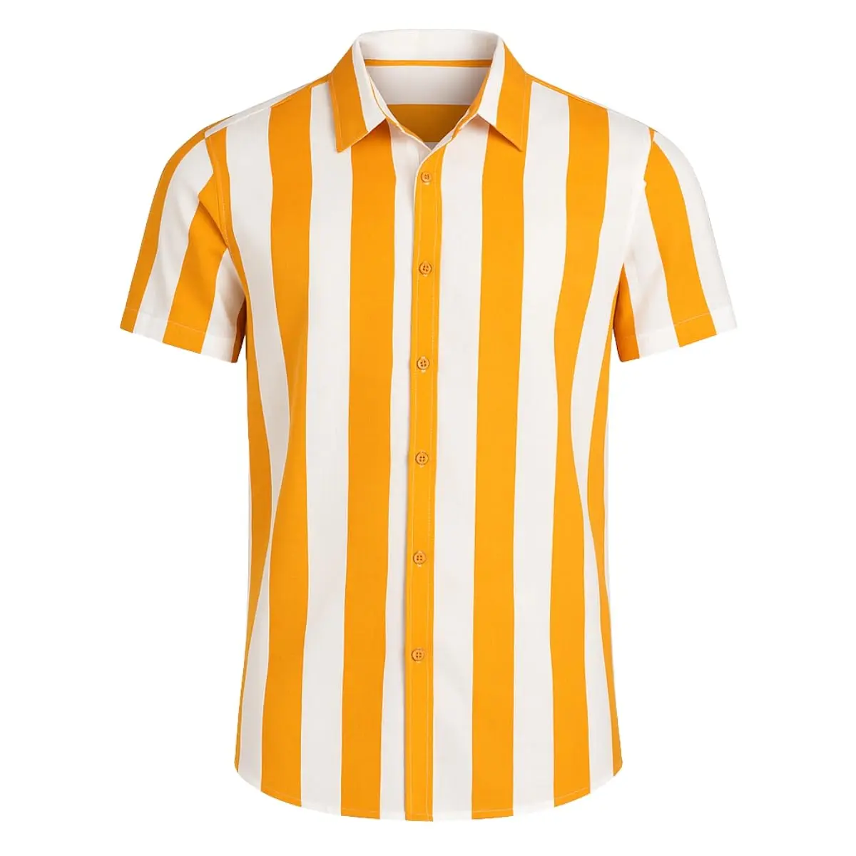 Camisa Social Masculina Listrada, Manga Curta, Visco-Linho, Gola Italiana, Verão