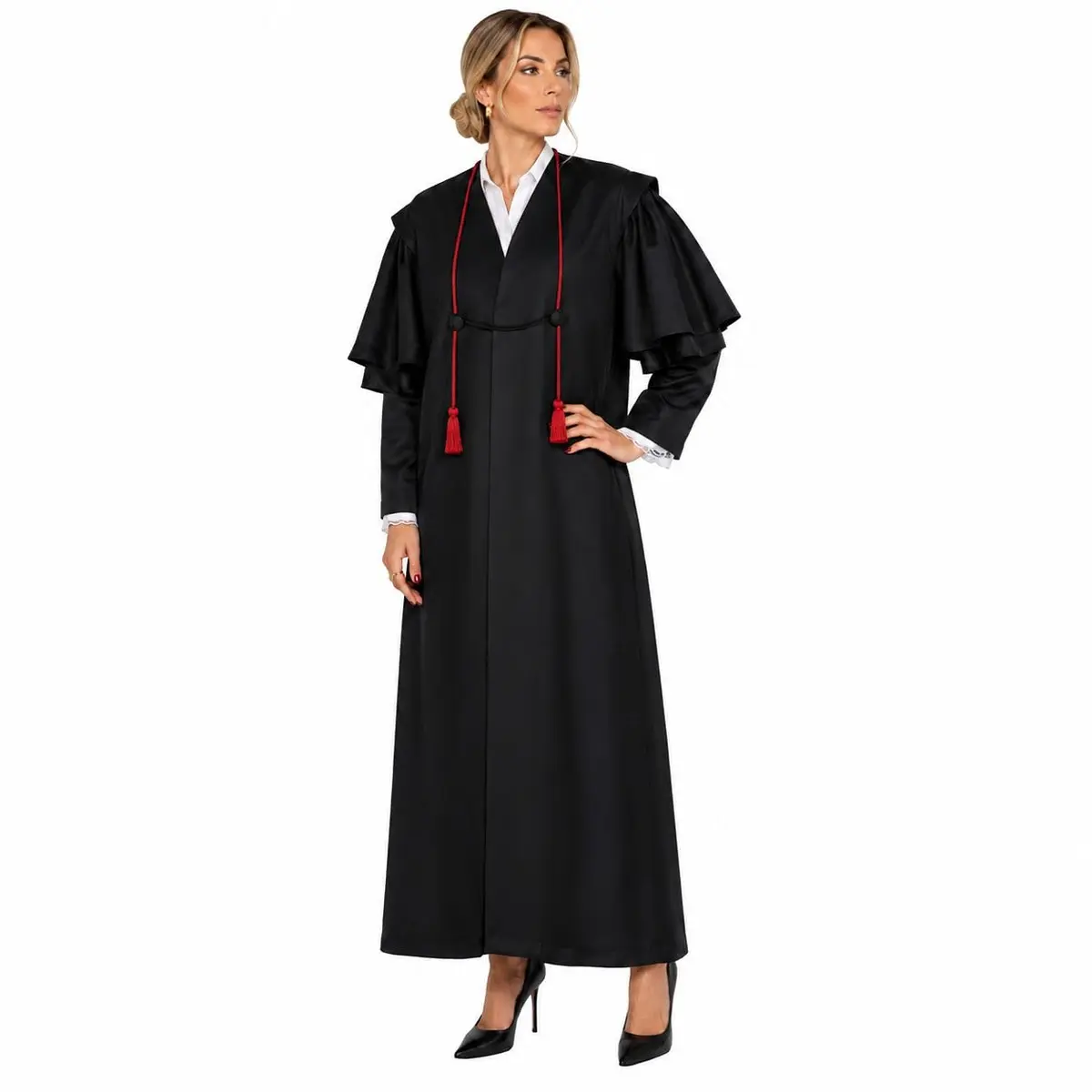 Toga Francesa Feminina Preta Beca Jurídica para Advogada, Juíza e Magistrada, Ideal para Audiências, Tribunal e Solenidades