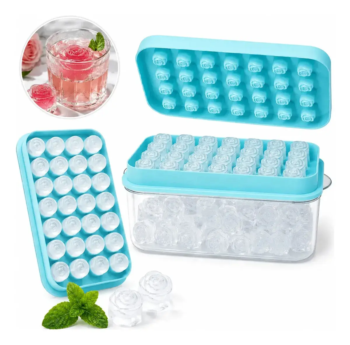 Forma De Gelo Silicone 28 Cubos Em Formato De Rosa Com Reservatório E Tampa Azul - 1