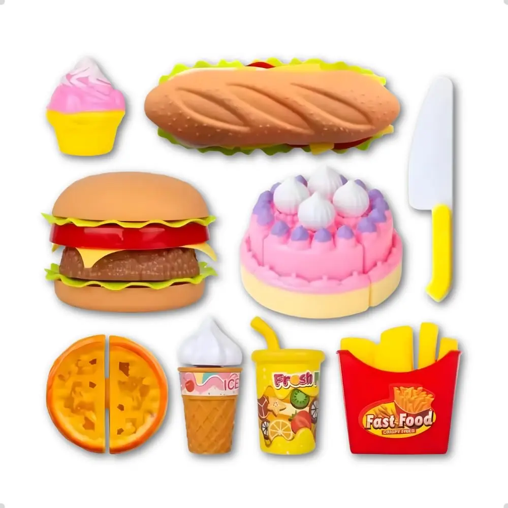 Kit Brinquedos Fast Food Infantil, 9 ou 6 Peças, Hambúrguer, Pizza, Batata Frita, Sorvete e Bolo Linha Faz de Contas
