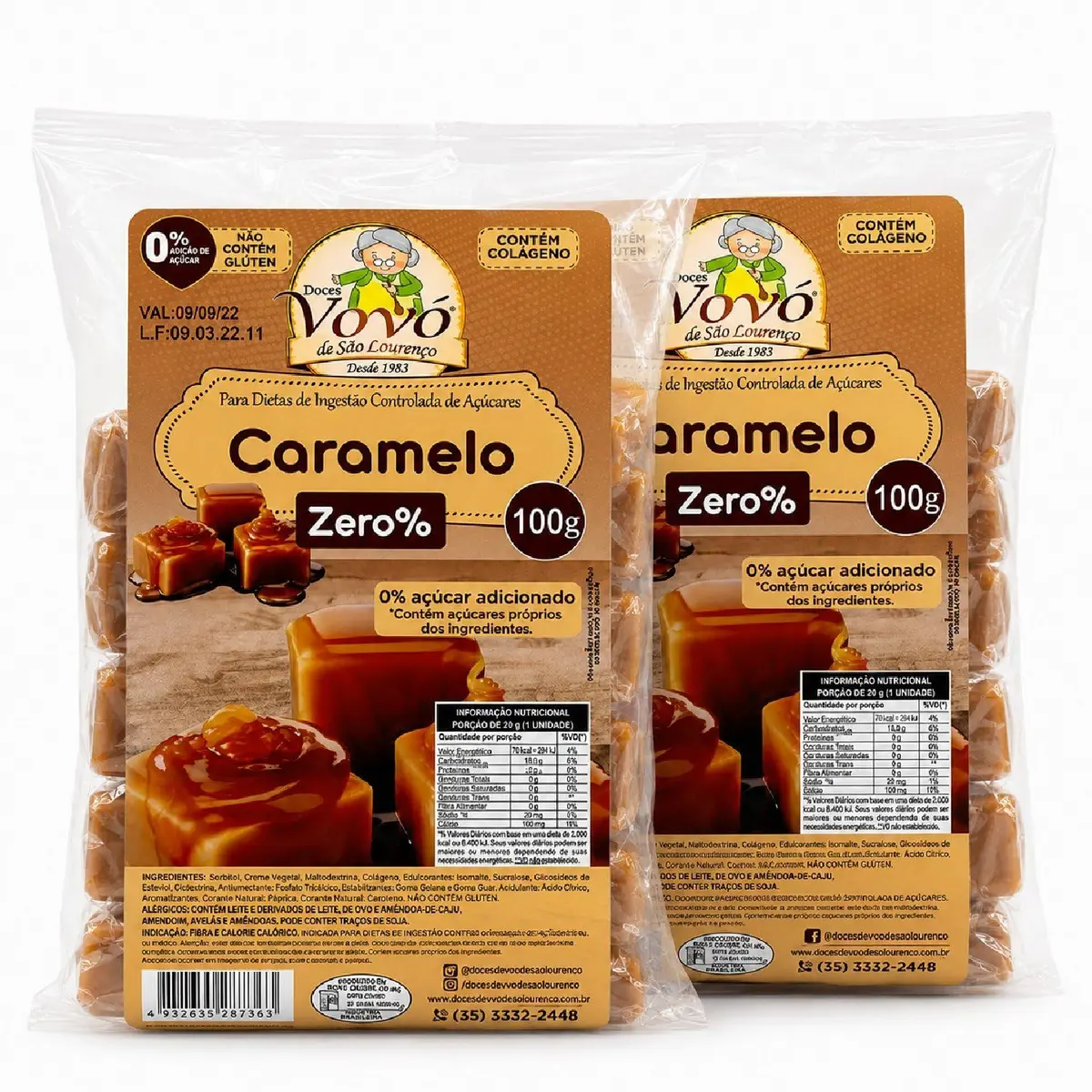 Kit 2 Bala de Caramelo VOVÓ 100g – Zero Adição de Açúcares – 2 Pacotes – 200g