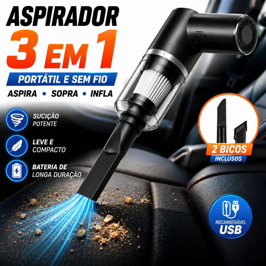 Aspirador de Carro Sem Fio Portátil Super Potente USB Recarregável Filtro Lavável Limpeza de Banco e Cantos