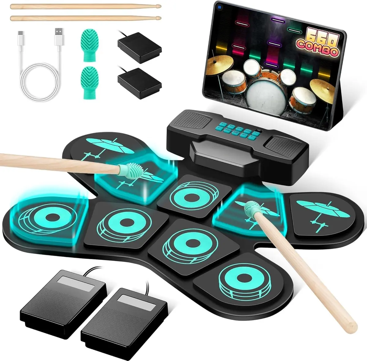 VEDO Kit de Bateria Eletrônica Portátil VD-SJG: 9 Pads com Alto-Falantes Duplos, Design Dobrável, Conexão MIDI/Jogos, Bateria de 4h - Presente Musical Perfeito para Iniciantes e Crianças - 1