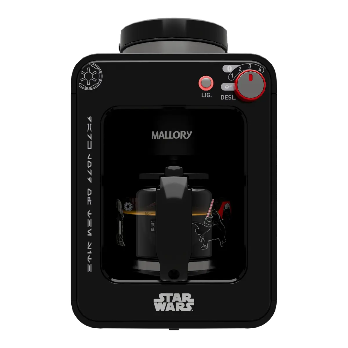 Cafeteira Elétrica com Moedor de Grãos Mallory Star Wars Darth Brew - 600W, 4 Xícaras 600mL, Moedor Integrado, Seletor de 1 a 4 Xícaras, Jarra de Vidro Termossensível - 127V (Edição Limitada Numerada)