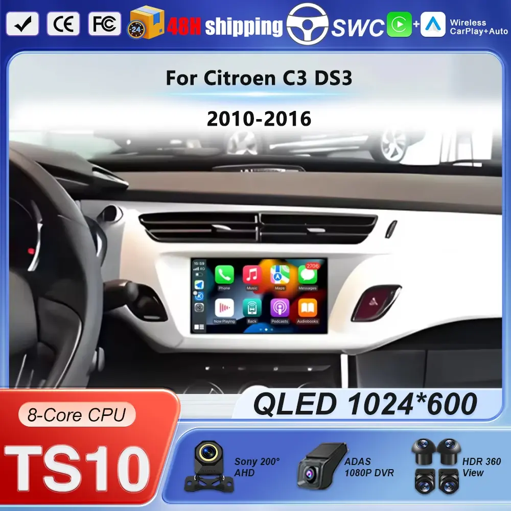 Rádio Automotivo 7 polegadas GPS Android 16 para Citroen C3 DS3 2010-2016, Reprodutor Multimídia de Vídeo, Navegação, Auto Carplay, Central Multimídia com WIFI - 1