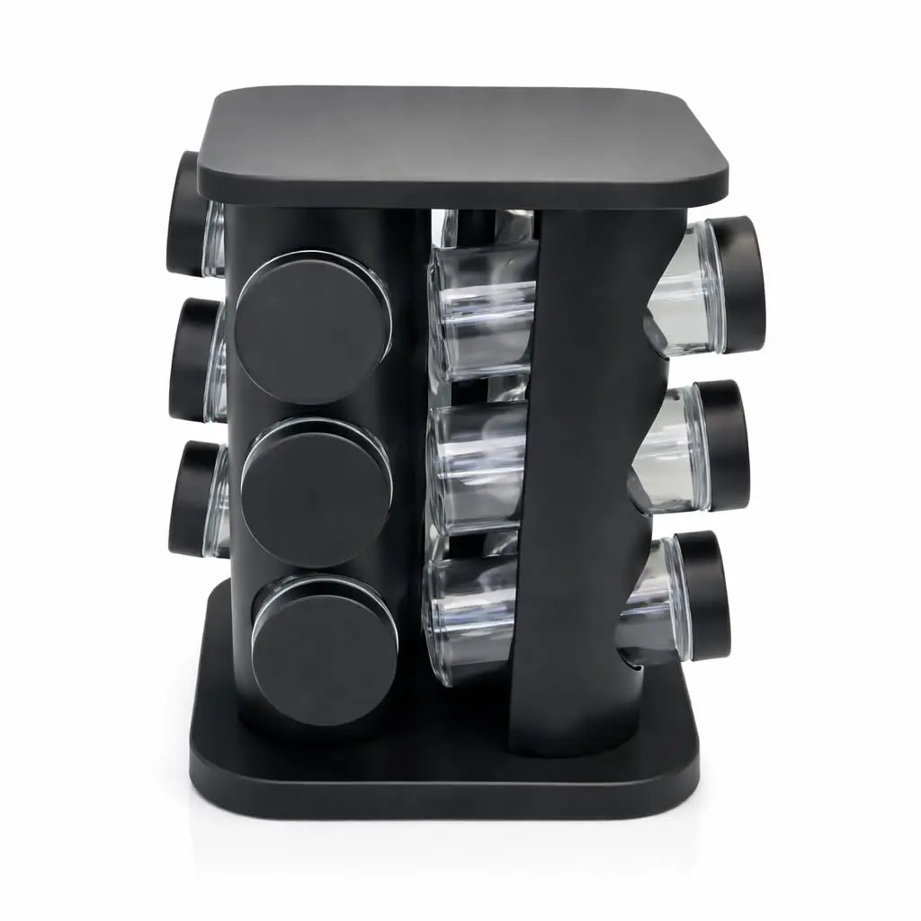 Porta Temperos Giratório com 12 Potes de Vidro, Preto | Base Giratória 360°, Estrutura em Aço Inox ou Plástico, 90ml cada Pote, Organizador de Condimentos