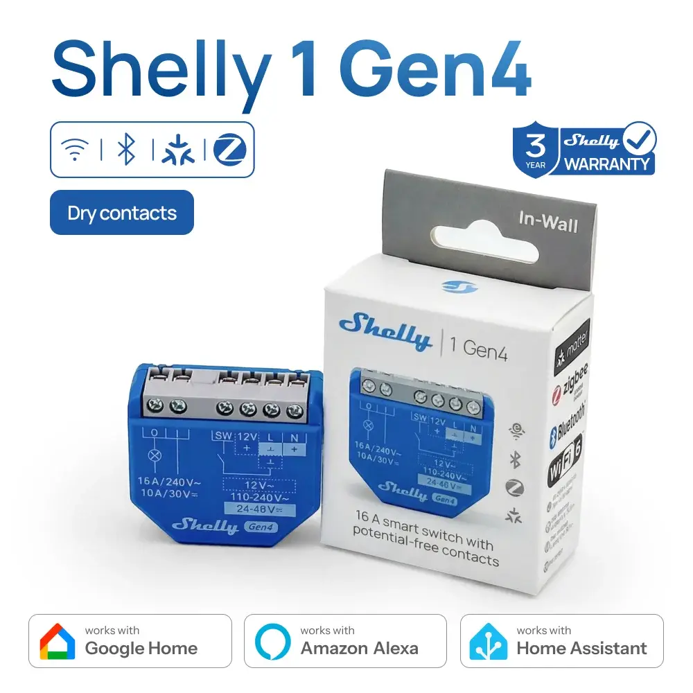 Shelly 1 gen4 contato seco wifi interruptor inteligente matéria para controlar luzes aplicativos portas de garagem funciona com apple homekit