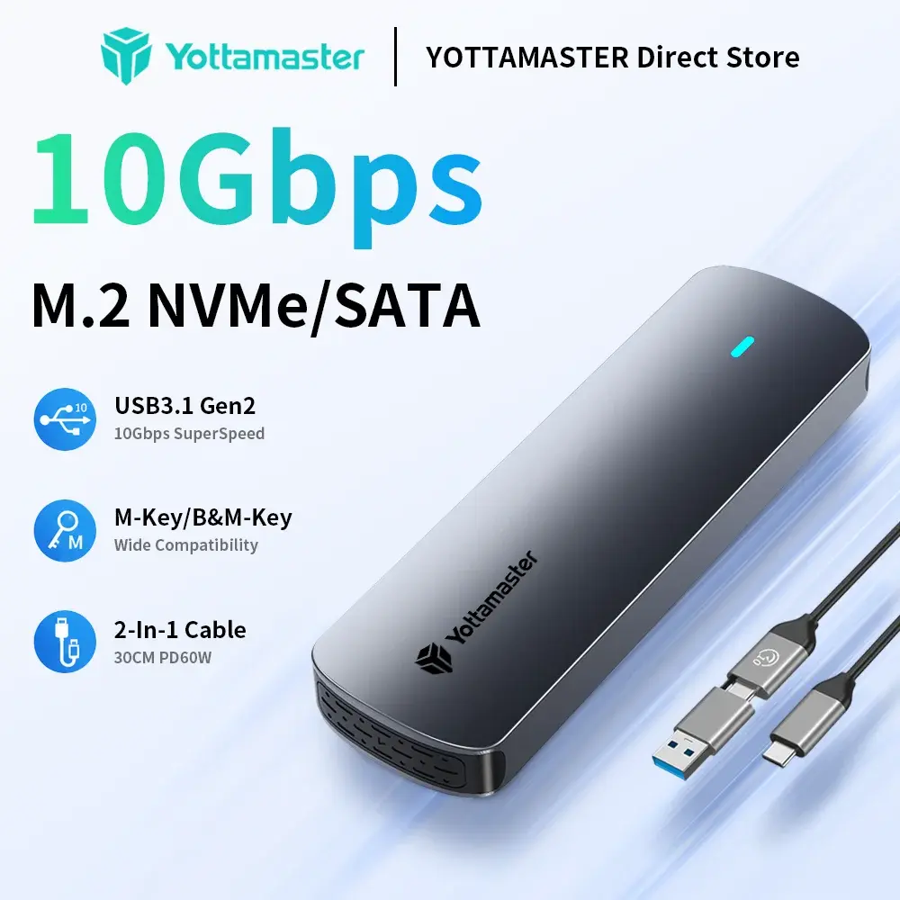 Yottamaster, caixa externa para SSD SATA M.2 NVMe, adaptador de porta dupla NVMe para USB, USB 3.1 Gen2, USB-C, caixa externa em liga de alumínio.
