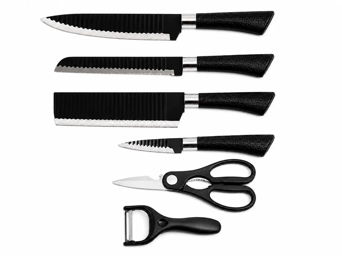 Jogo de Facas Inox 6 Peças com Tesoura e Descascador – Kit Facas de Cozinha Aço Inoxidável, Lâminas Afiadas, Cabo Antiderrapante Preto