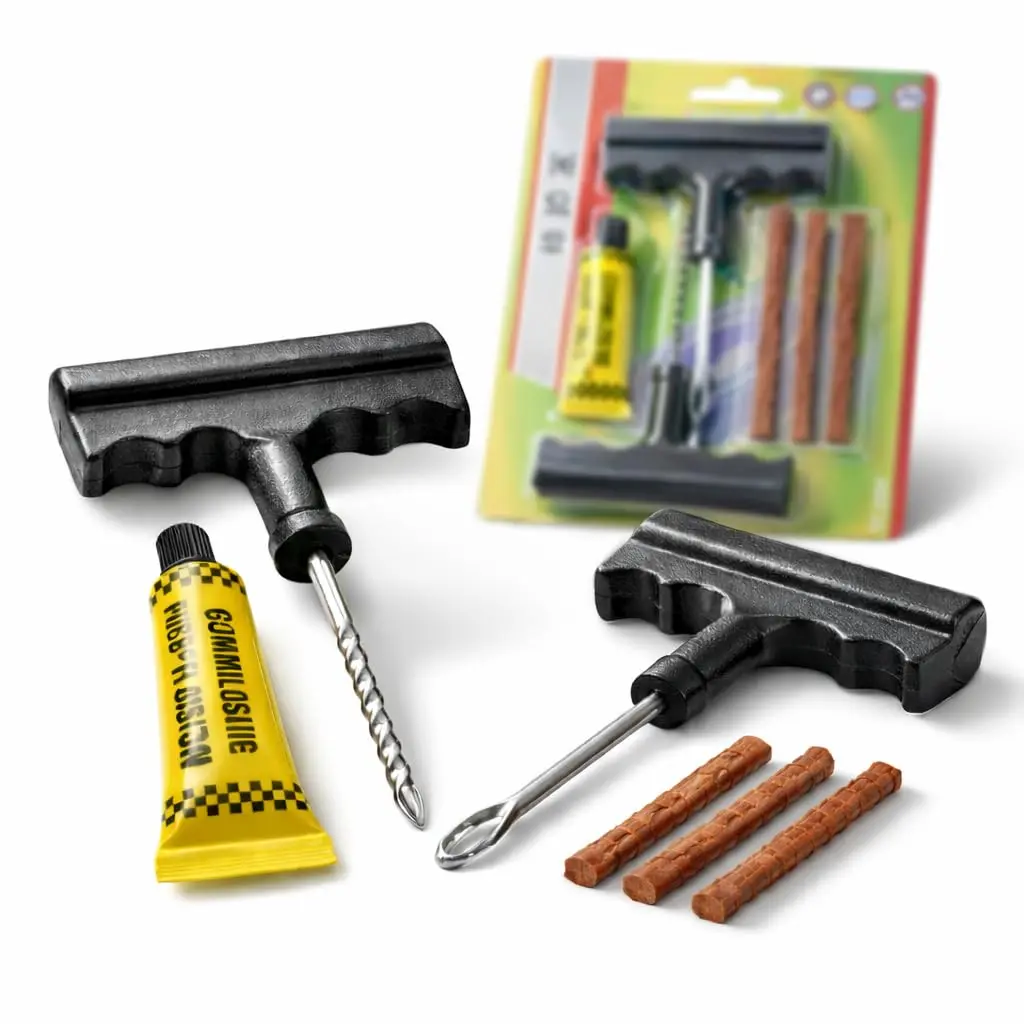 Kit Reparo Pneu Sem Câmara Carro Moto Remendo Macarrão a Frio 3 Tiras + Cola + 2 Ferramentas em T