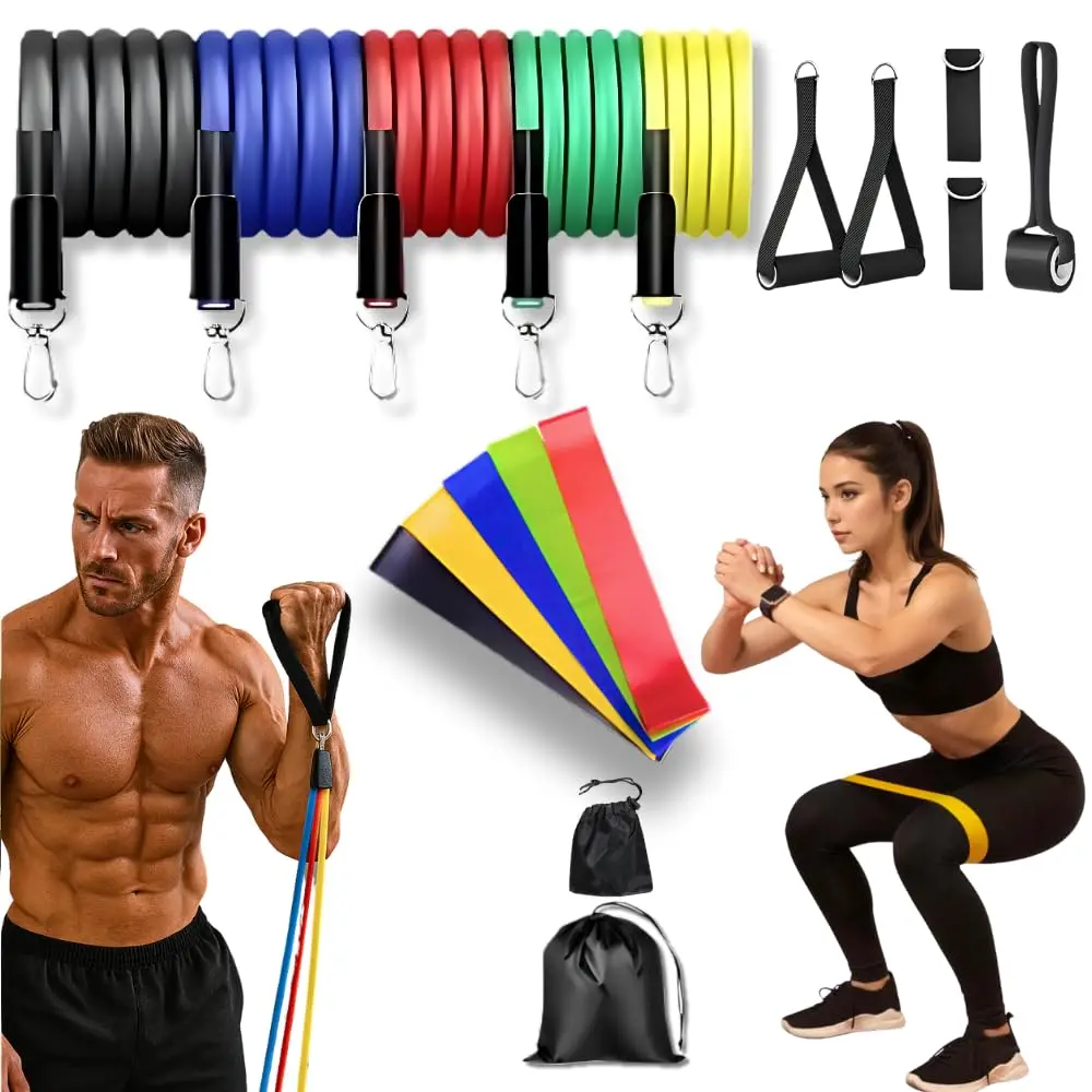 Kit 17 Peças Elástico Extensor + Miniband Treino Em Casa Exercício Físico Academia Fisioterapia Musculação Crossfit Pilates Yoga Aquecimento Funcional Alongamento Malhar Emagrecimento