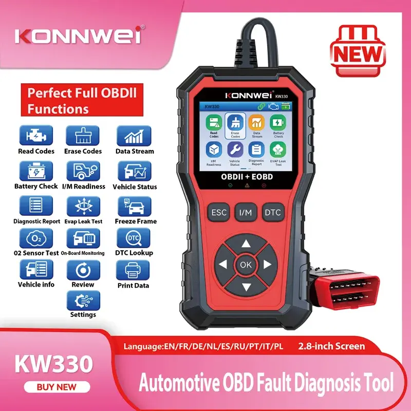 2026 KONNWEI kw330 carro obd2 scanner de falhas motor bateria teste código de falhas claro dados em tempo real profissional ferramenta de inspeção obd