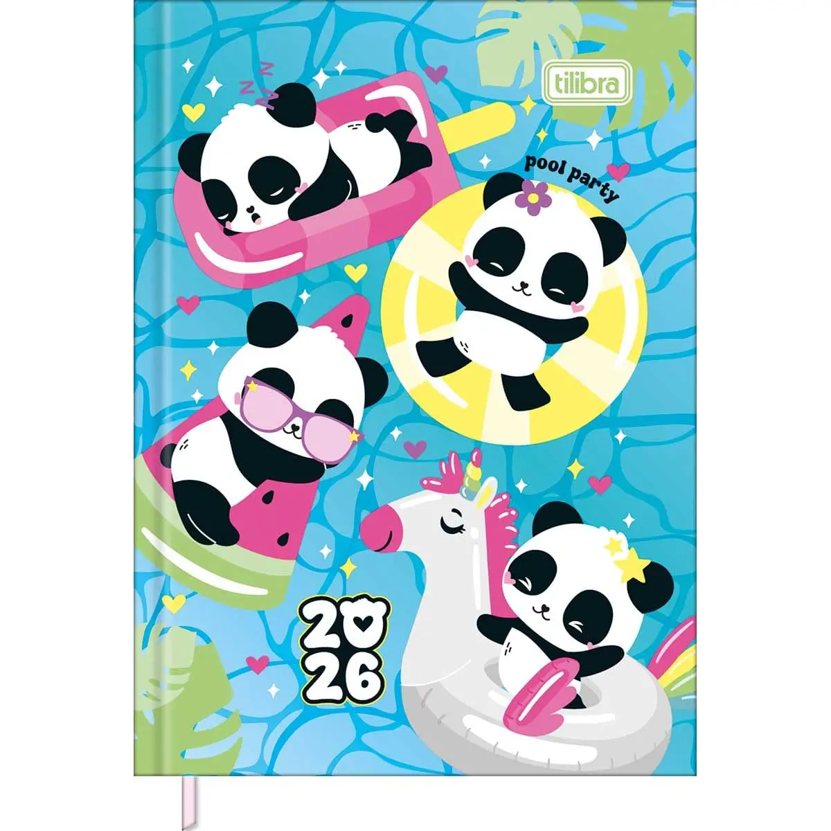 Tilibra - Agenda Costurada Mini 7,8 x 10,8 cm Lovely Friend 2026 - Pandas - Fundo Azul Piscina - 1