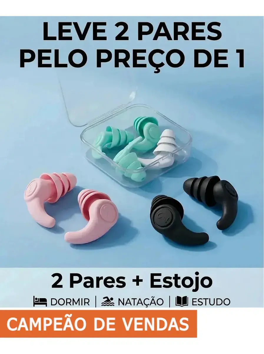 Tampão de Ouvido Universal de Silicone Reutilizável com Estojo - Kit 2 Pares - 1