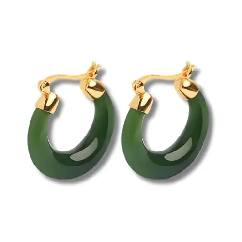 Brinco Feminino "Marina" em Calcedônia Verde e Aço Inoxidável – Argola Delicada, Energia e Proteção - Acompanha Bolsa de Veludo - 1