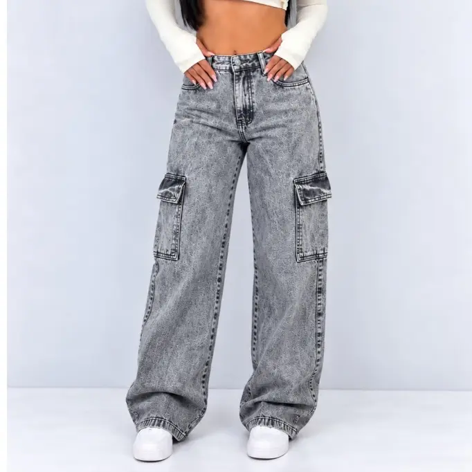 Calça Cargo Jeans Feminina Wide Leg Cintura Alta Levanta Bumbum Bolsos Laterais Modeladora Premium Tendência 2026 ENVIO