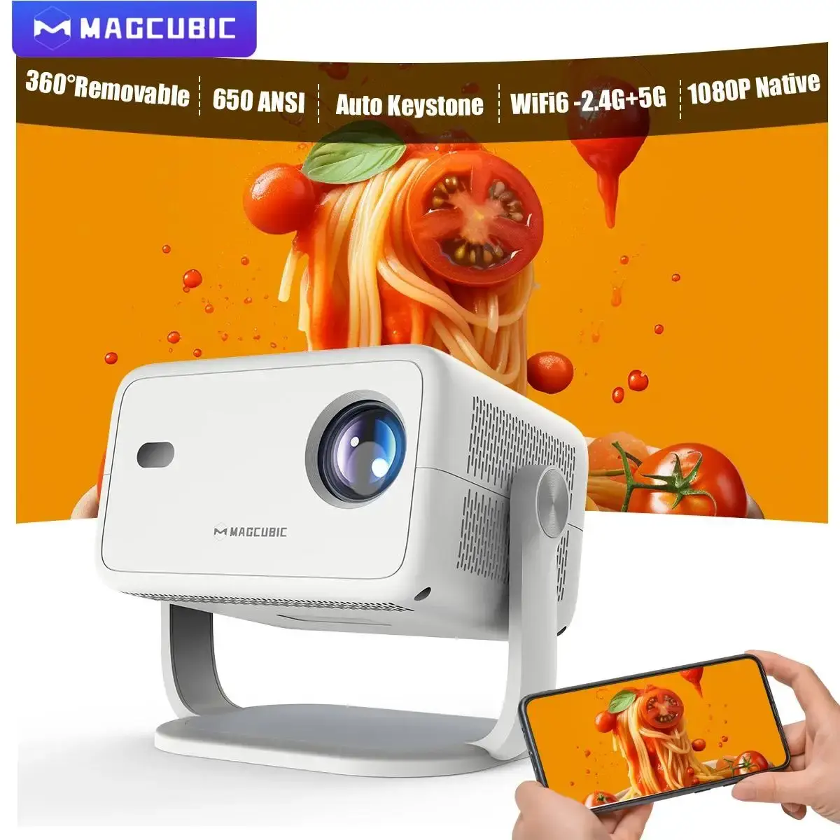 Projetor Magcubic 8K L018 Android14 650ANSI Nativo 1080P Foco automático e Keystone BT5.4 WIFI6 Allwinner H726 Portátil 360 ° Girar