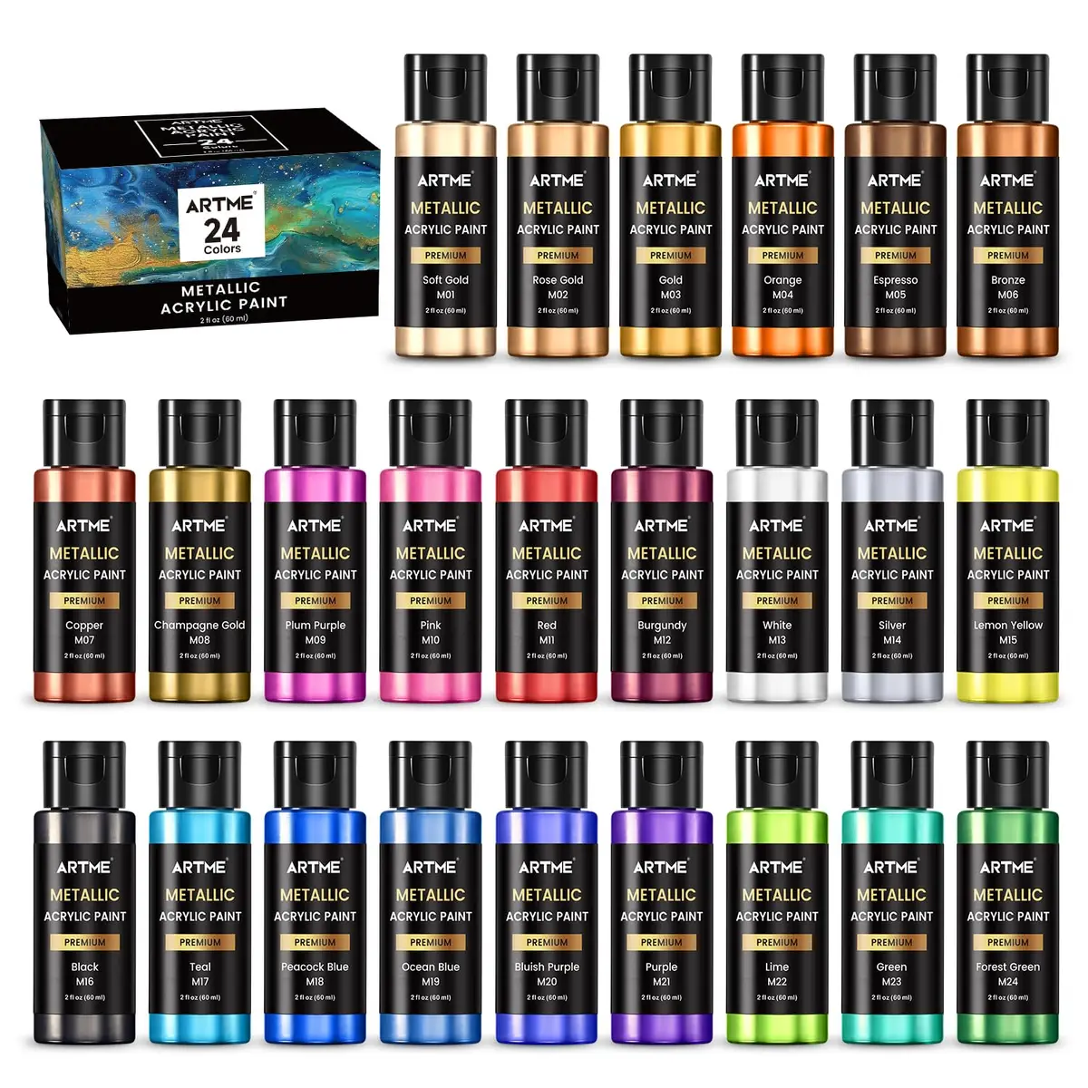 Artme Conjunto de tinta acrílica metálica, 24 cores metálicas em frascos de 60 ml, tinta acrílica brilhante metálica, tinta rica em pigmentos, perfeita para artistas, iniciantes em tela, pedras,