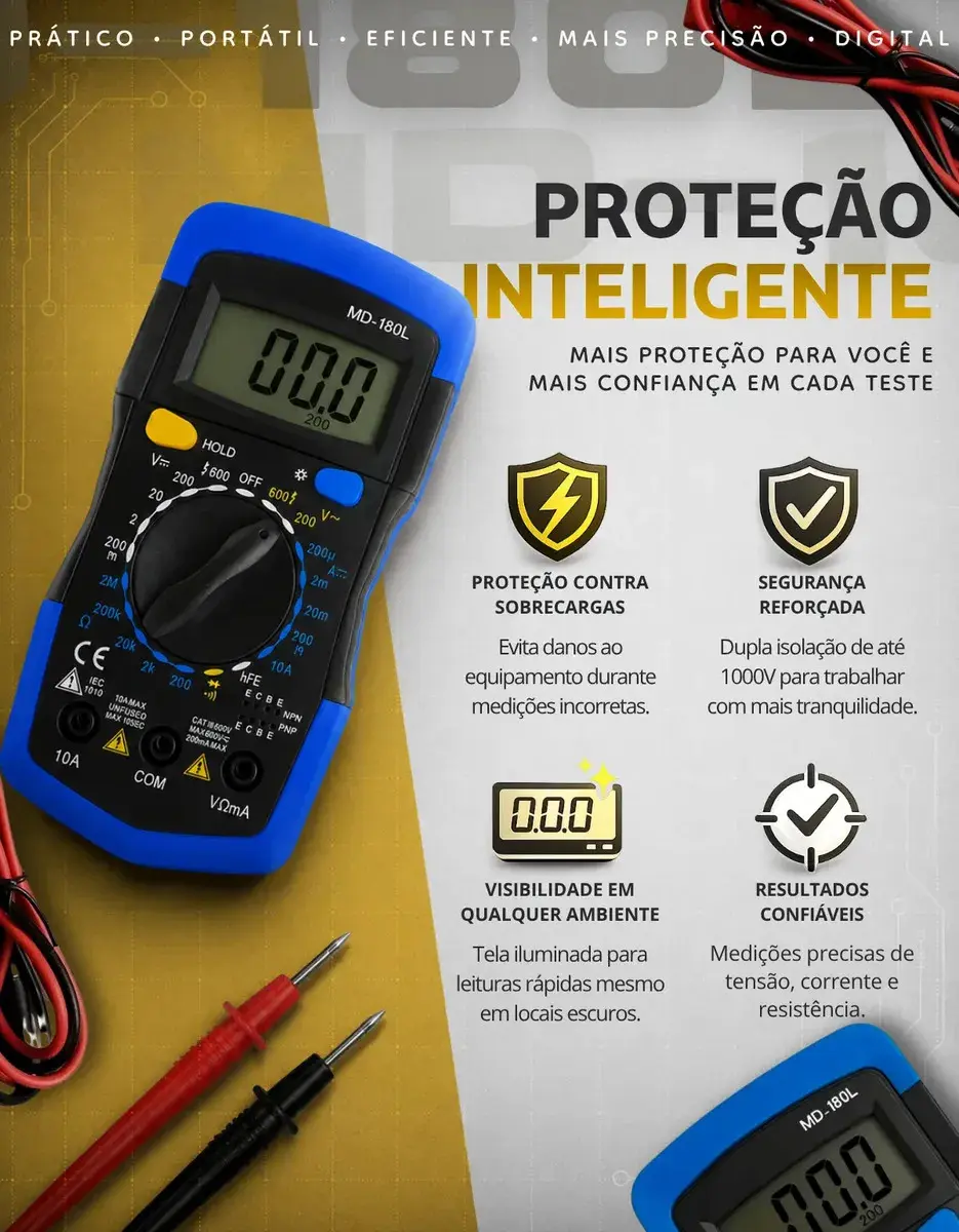 Multímetro Digital Profissional Lcd Iluminado Portátil Multifunções Ac Dc Bip Com Bateria thumbnail 3