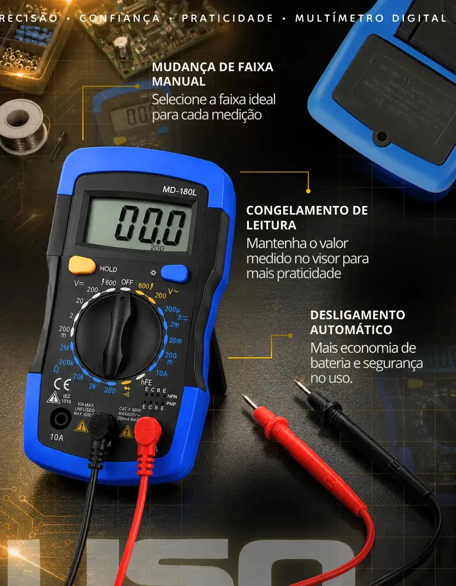 Multímetro Digital Profissional Lcd Iluminado Portátil Multifunções Ac Dc Bip Com Bateria thumbnail 4